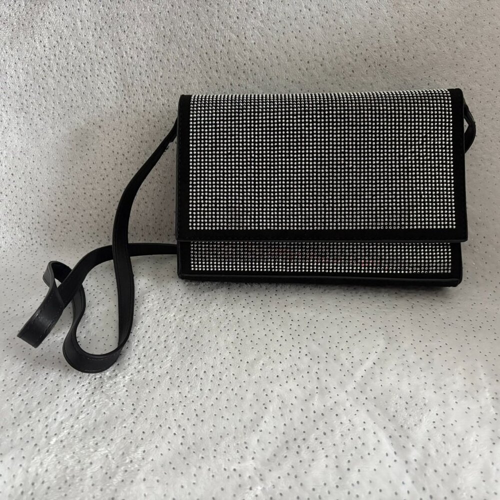 NWT Badgley Mischka Vegan Leather Microsuede Black Rhinestone Crossbody Bag